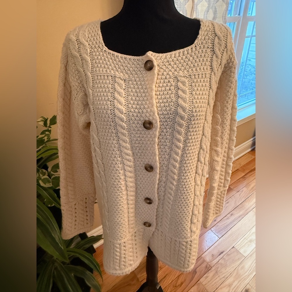 Inis Crafts 100% Wool Cardigan Sweater Cable Knit Square Neck Ivory Womens Sz M